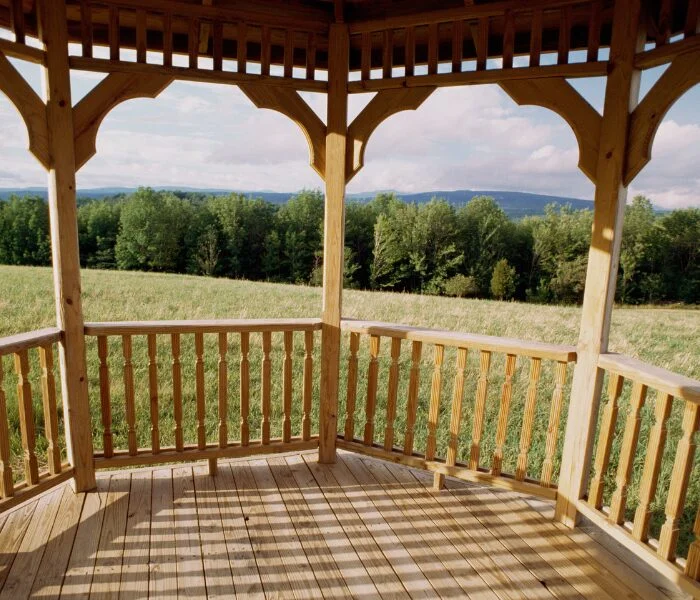 view from the interior of a custom gazebo overlooking a field and forest